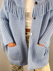 Ermanno Scervino Light Blue Fringe Trim Chunky Knit Coat - S/M