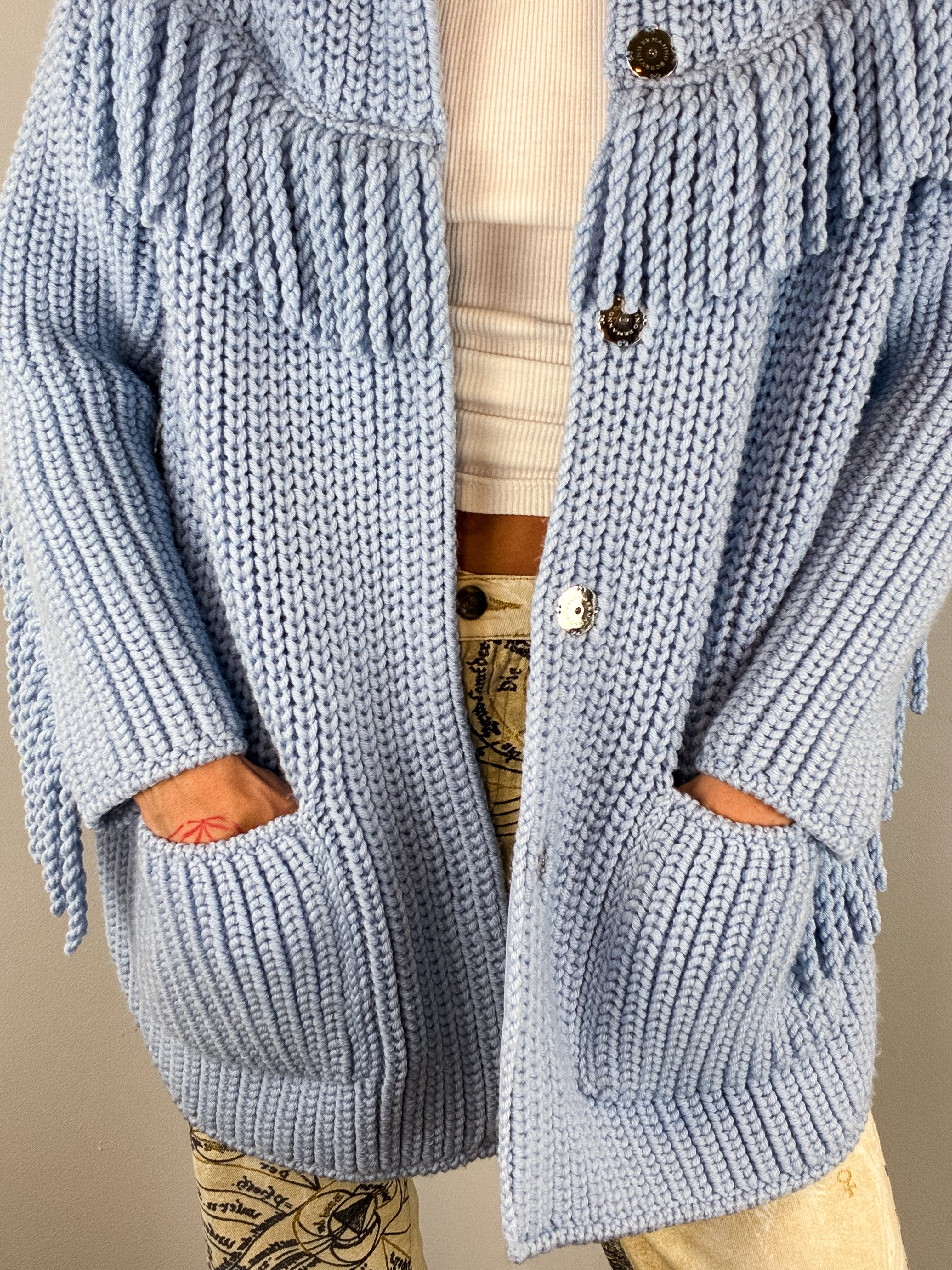 Ermanno Scervino Light Blue Fringe Trim Chunky Knit Coat - S/M