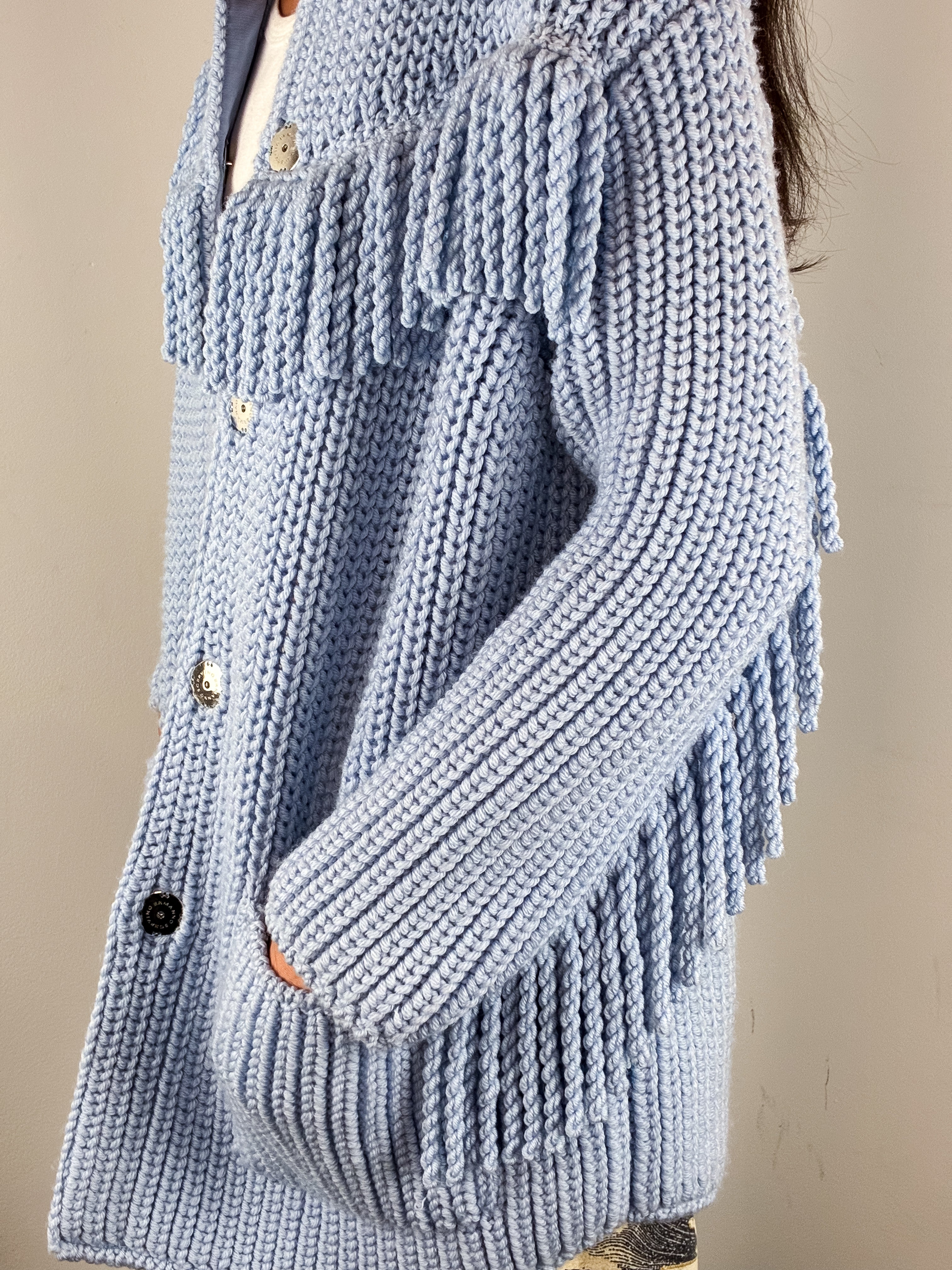 Ermanno Scervino Light Blue Fringe Trim Chunky Knit Coat - S/M