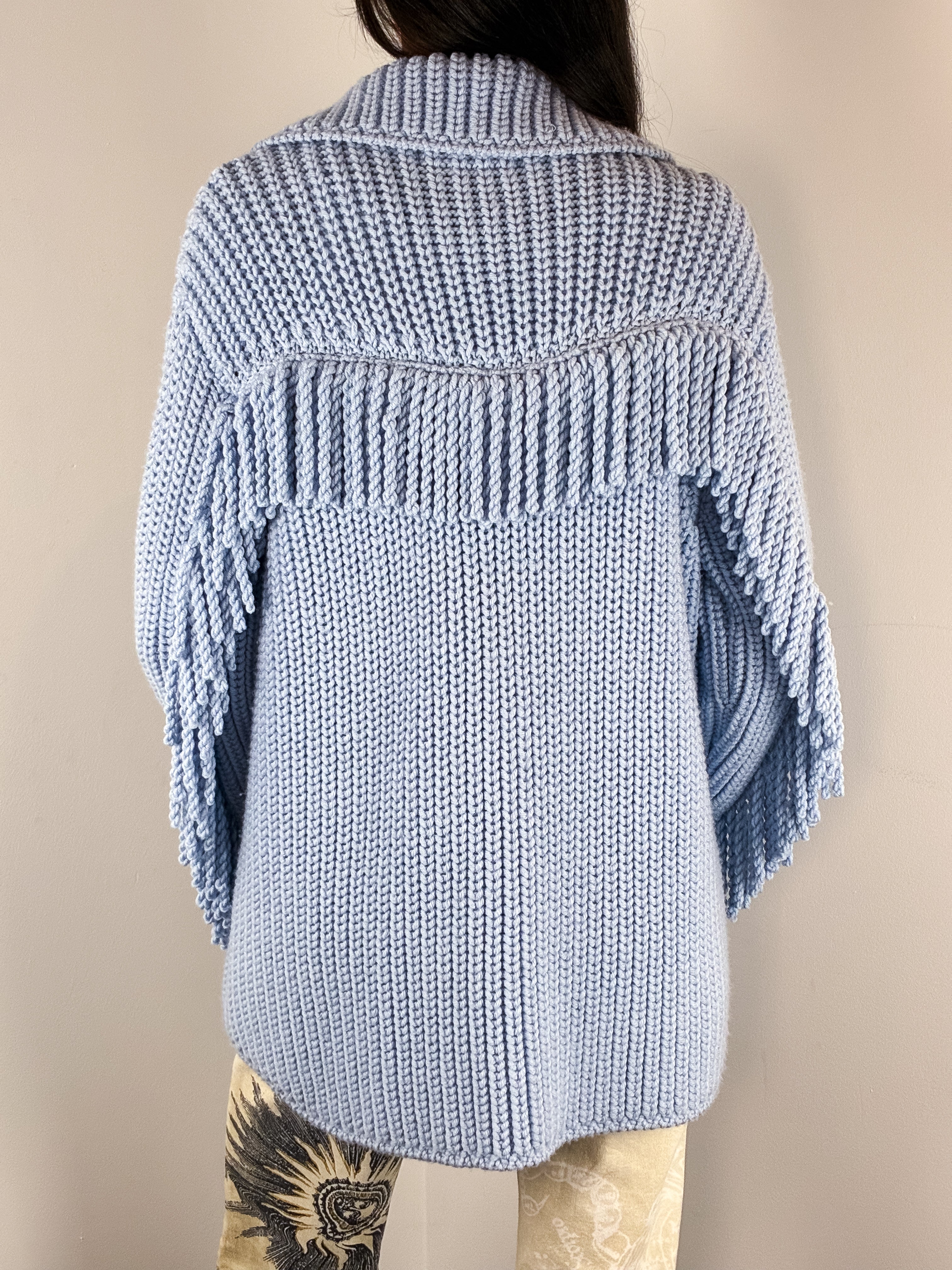 Ermanno Scervino Light Blue Fringe Trim Chunky Knit Coat - S/M