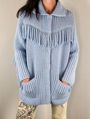 Ermanno Scervino Light Blue Fringe Trim Chunky Knit Coat - S/M