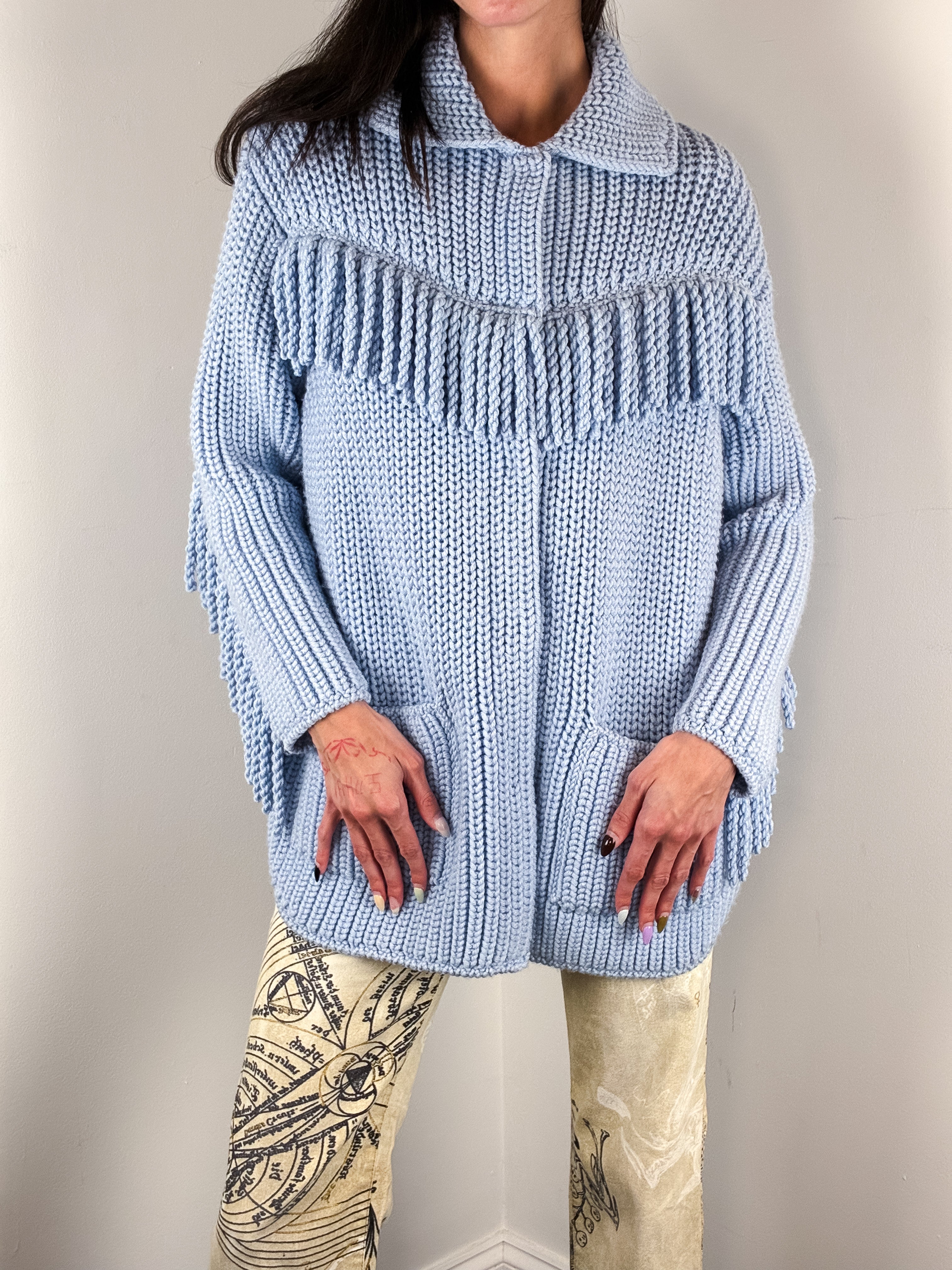 Ermanno Scervino Light Blue Fringe Trim Chunky Knit Coat - S/M