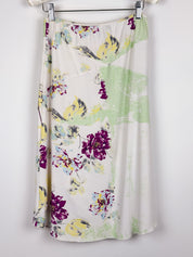 Just Cavalli 2000s Cream Purple Floral Watercolor Tee and Midi Skirt Set - S