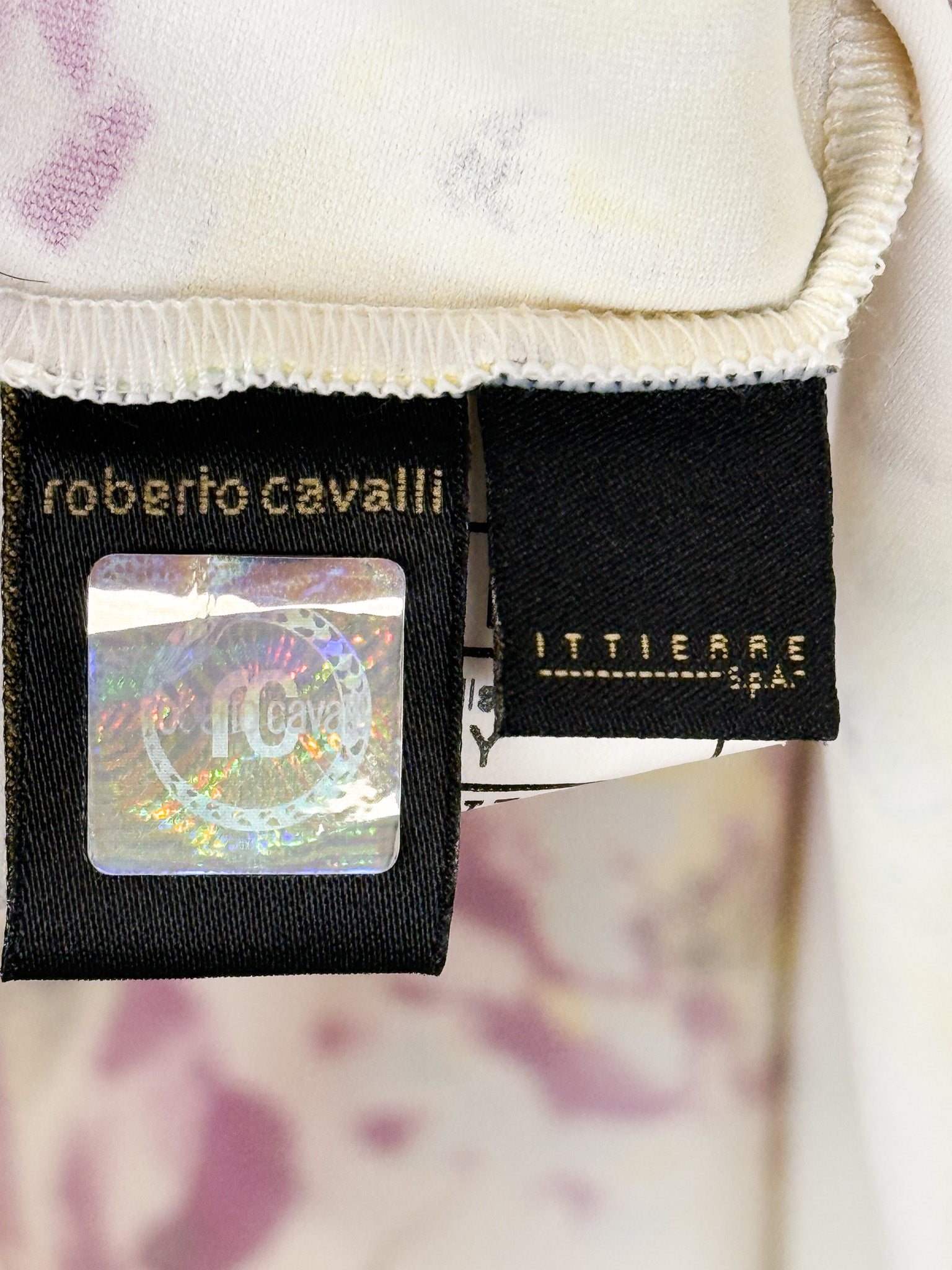 Just Cavalli 2000s Cream Purple Floral Watercolor Tee and Midi Skirt Set - S