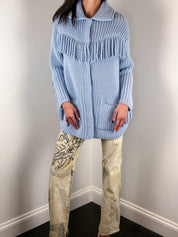 Ermanno Scervino Light Blue Fringe Trim Chunky Knit Coat - S/M