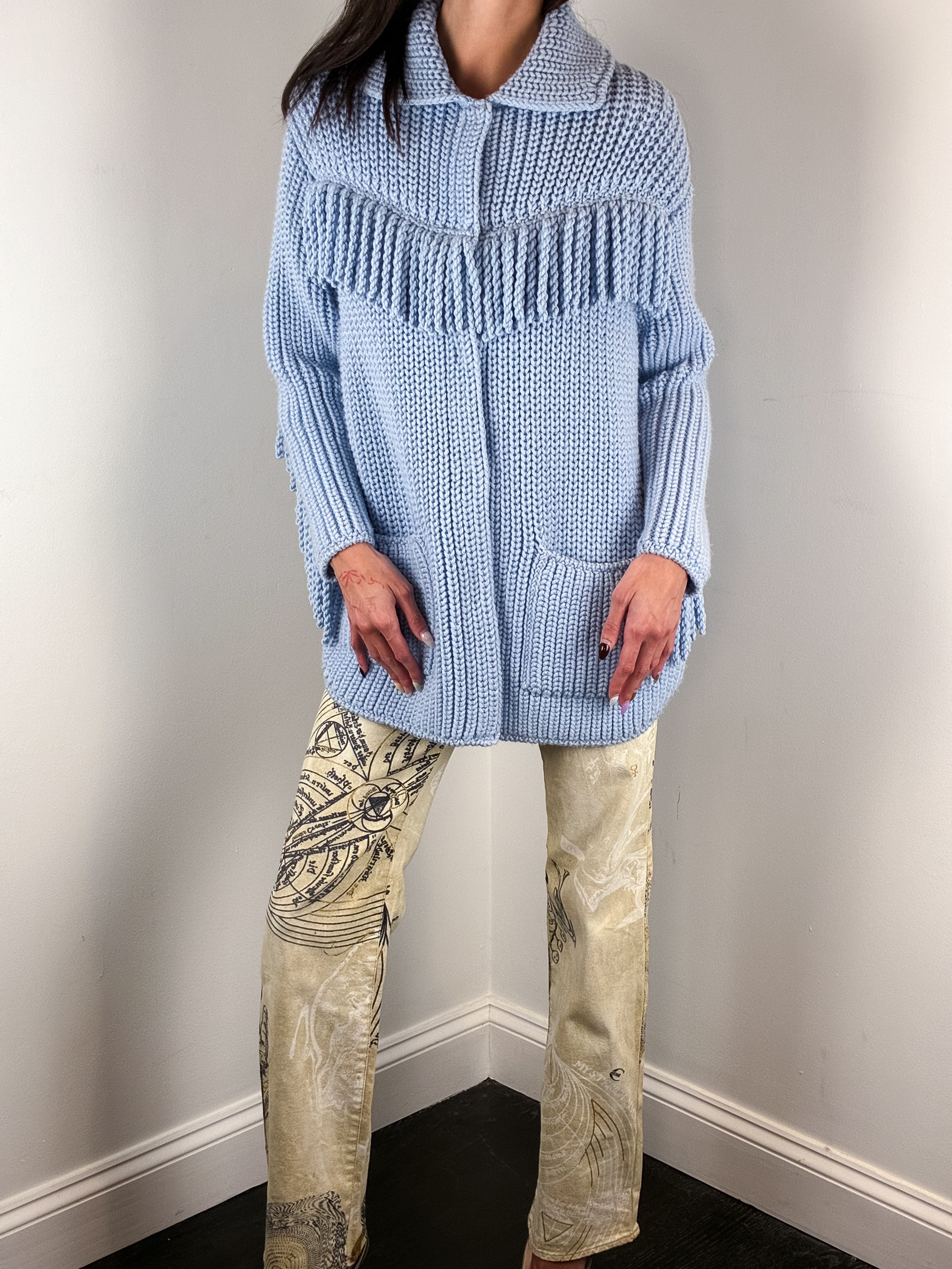 Ermanno Scervino Light Blue Fringe Trim Chunky Knit Coat - S/M