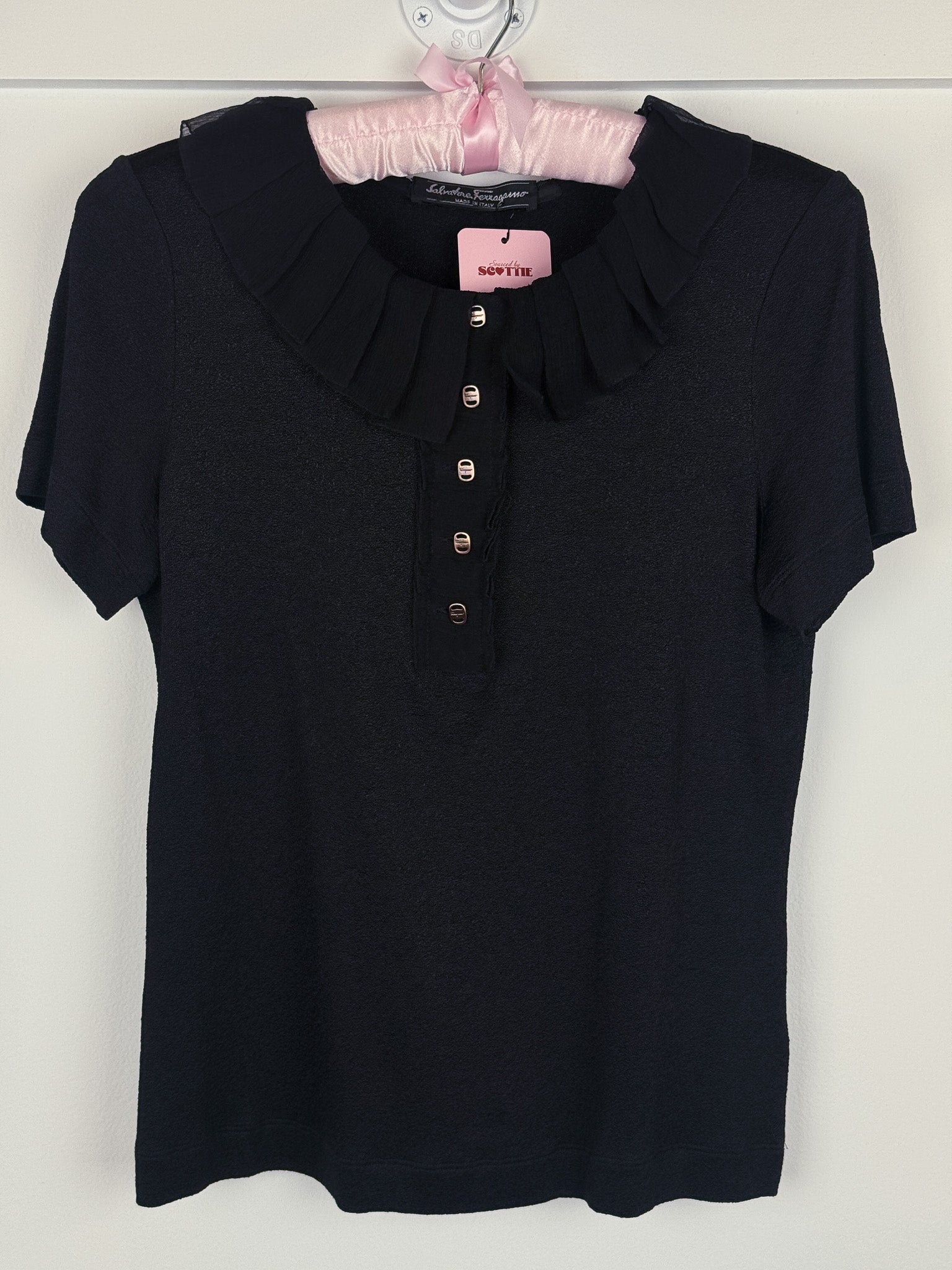 Salvatore Ferragamo 2000s Black Pleated Ruffle Collar Gold Hardware Button Top - S