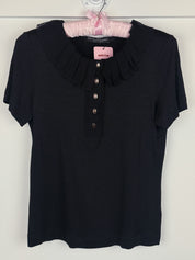 Salvatore Ferragamo 2000s Black Pleated Ruffle Collar Gold Hardware Button Top - S