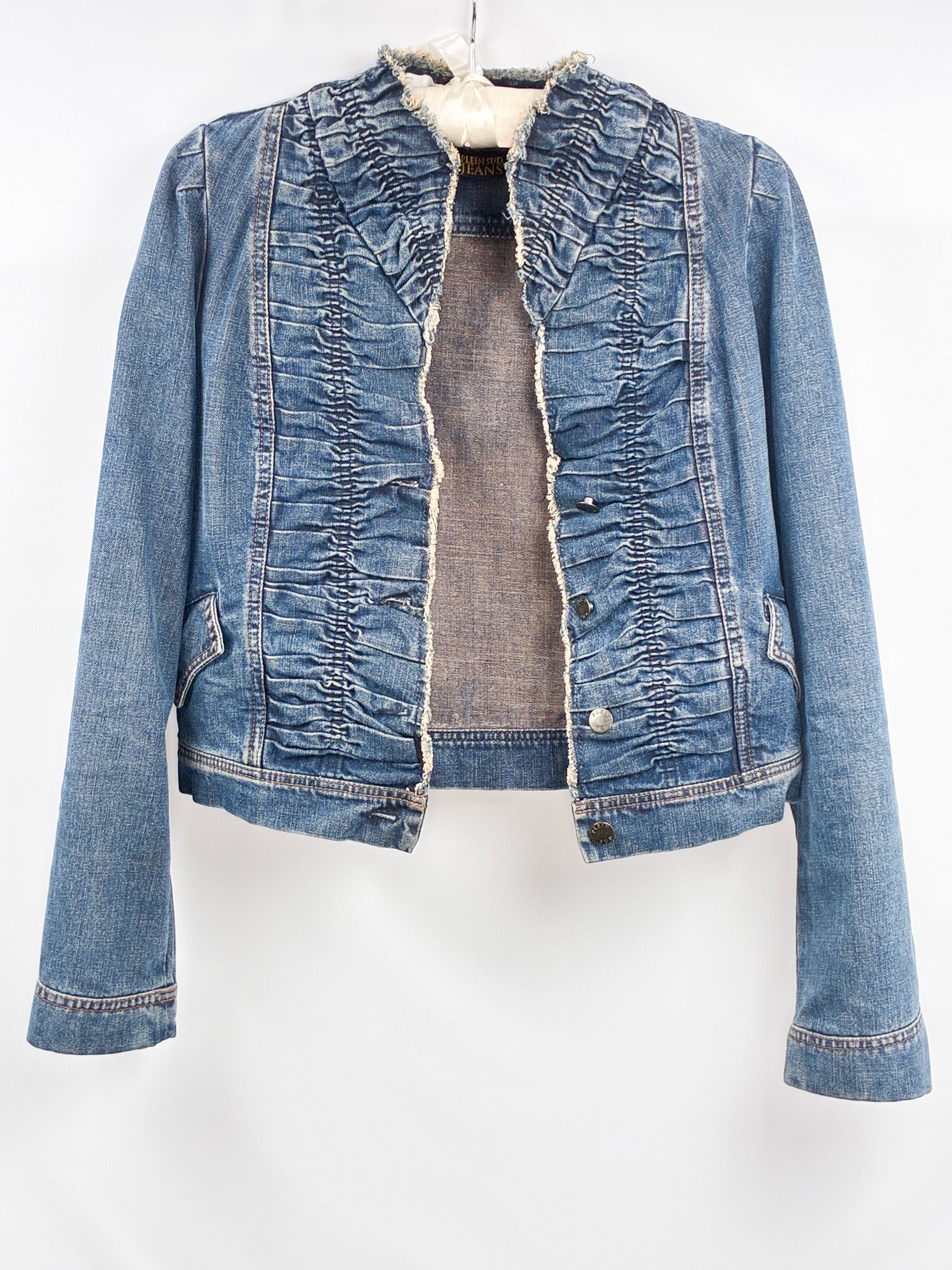 Plein Sud Jeans 2000s Blue Ruched Frayed-Edge Denim Jacket - S/M