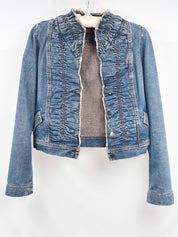 Plein Sud Jeans 2000s Blue Ruched Frayed-Edge Denim Jacket - S/M