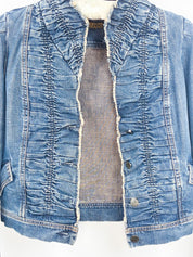 Plein Sud Jeans 2000s Blue Ruched Frayed-Edge Denim Jacket - S/M