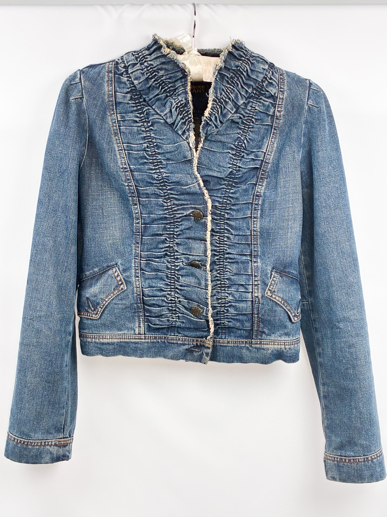 Plein Sud Jeans 2000s Blue Ruched Frayed-Edge Denim Jacket - S/M