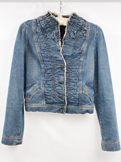 Plein Sud Jeans 2000s Blue Ruched Frayed-Edge Denim Jacket - S/M
