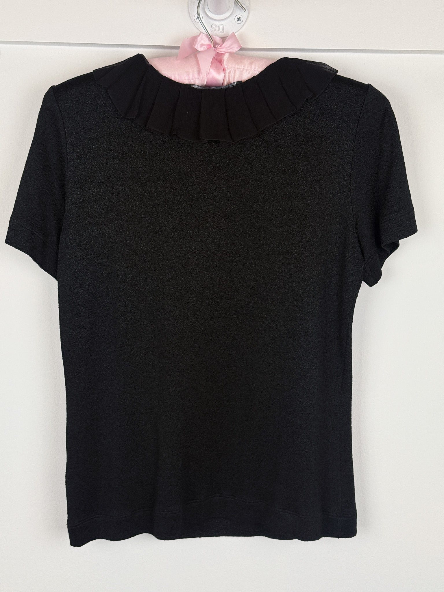 Salvatore Ferragamo 2000s Black Pleated Ruffle Collar Gold Hardware Button Top - S