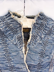 Plein Sud Jeans 2000s Blue Ruched Frayed-Edge Denim Jacket - S/M