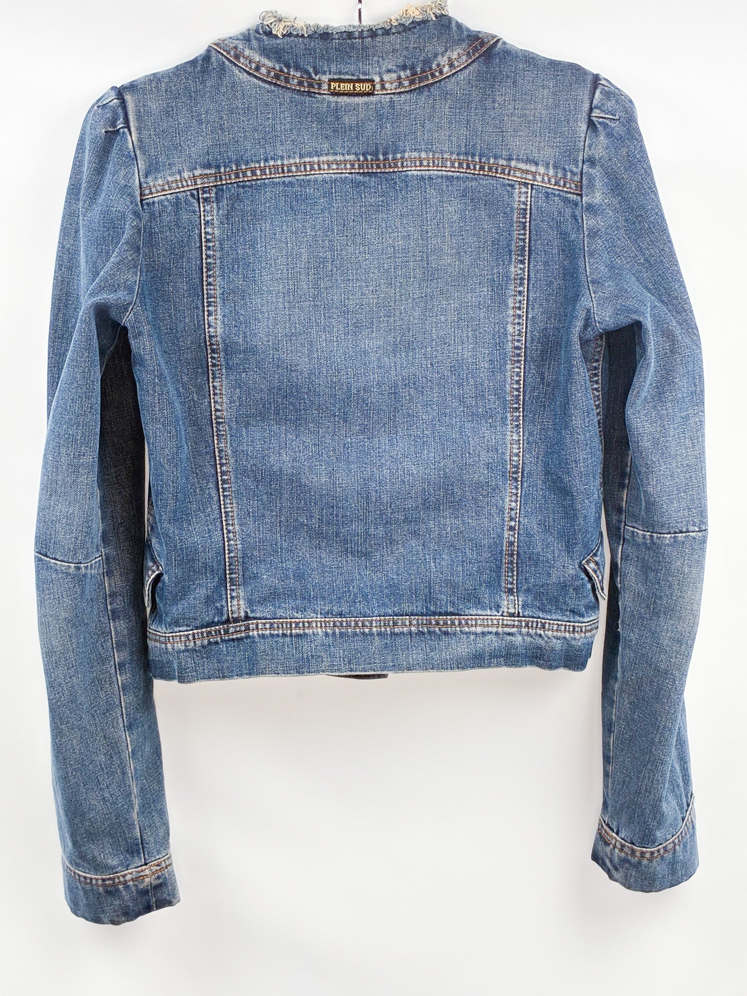 Plein Sud Jeans 2000s Blue Ruched Frayed-Edge Denim Jacket - S/M