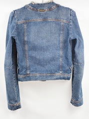 Plein Sud Jeans 2000s Blue Ruched Frayed-Edge Denim Jacket - S/M