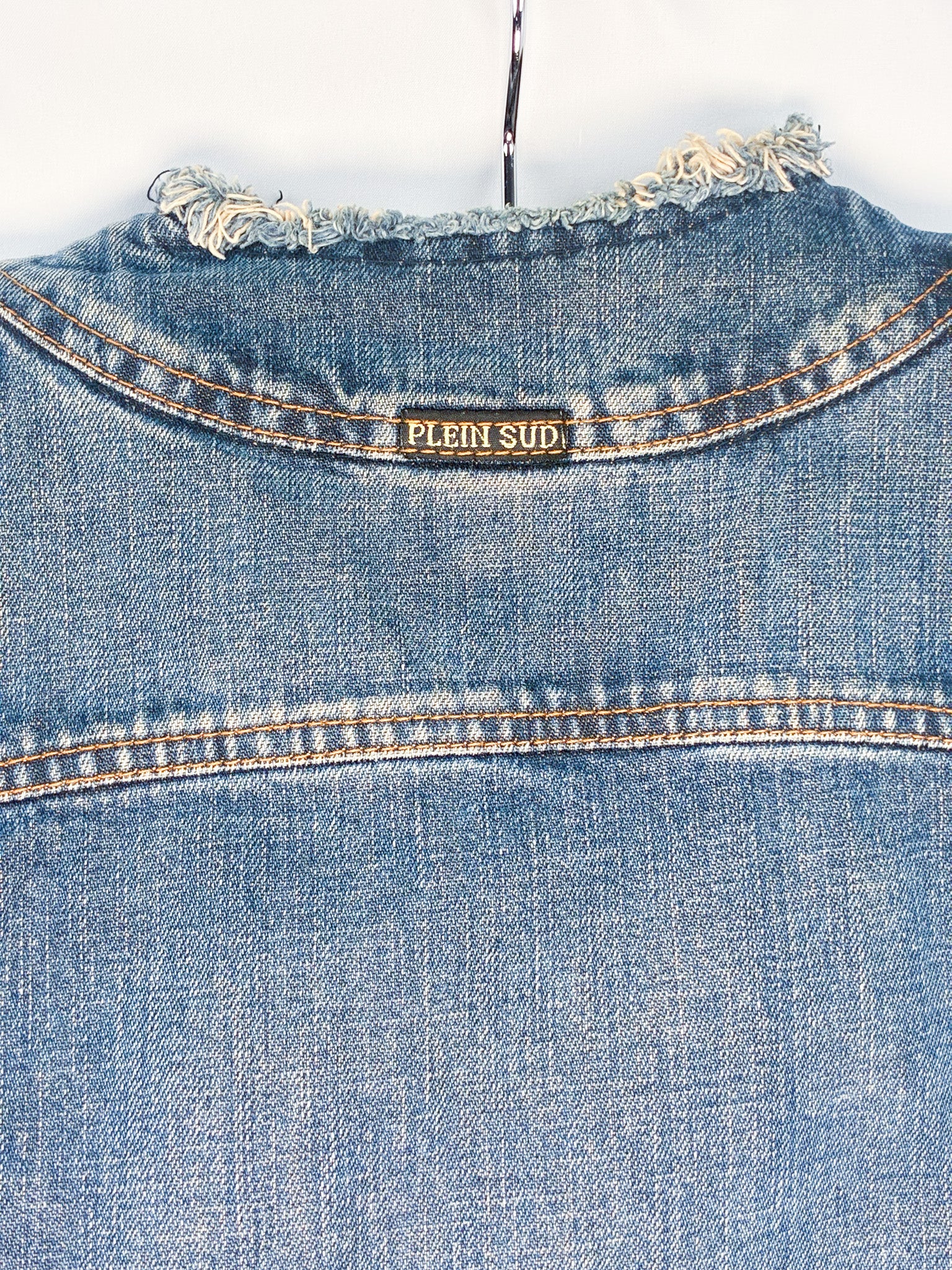 Plein Sud Jeans 2000s Blue Ruched Frayed-Edge Denim Jacket - S/M