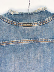 Plein Sud Jeans 2000s Blue Ruched Frayed-Edge Denim Jacket - S/M