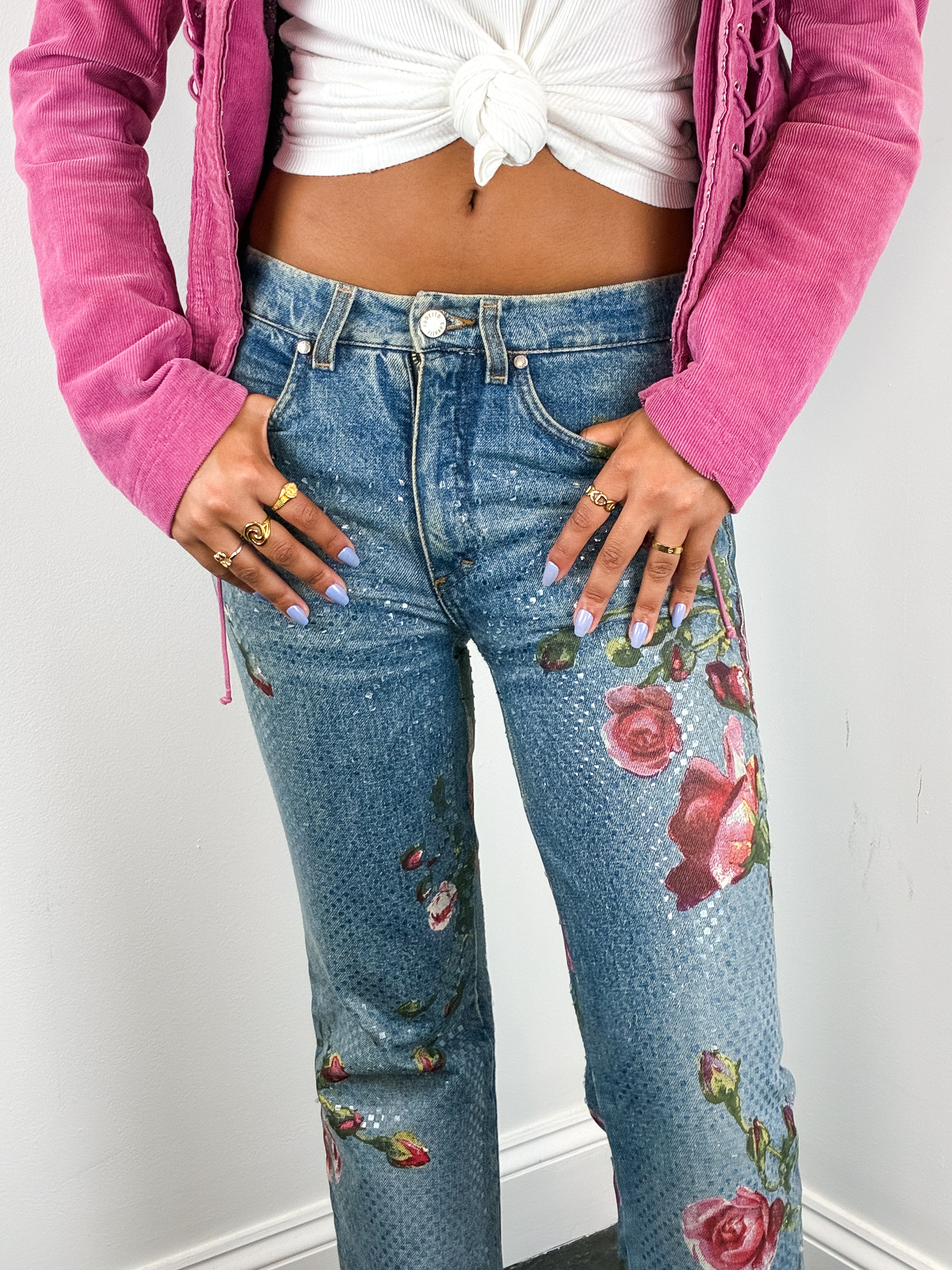 Roberto Cavalli F/W 1999 Iridescent Rose Painted Jeans – W28