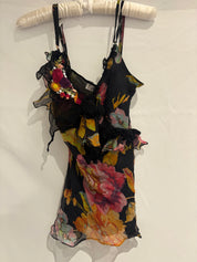 Fuego 2000s Black Floral Silk Rosette Camisole - XS/S