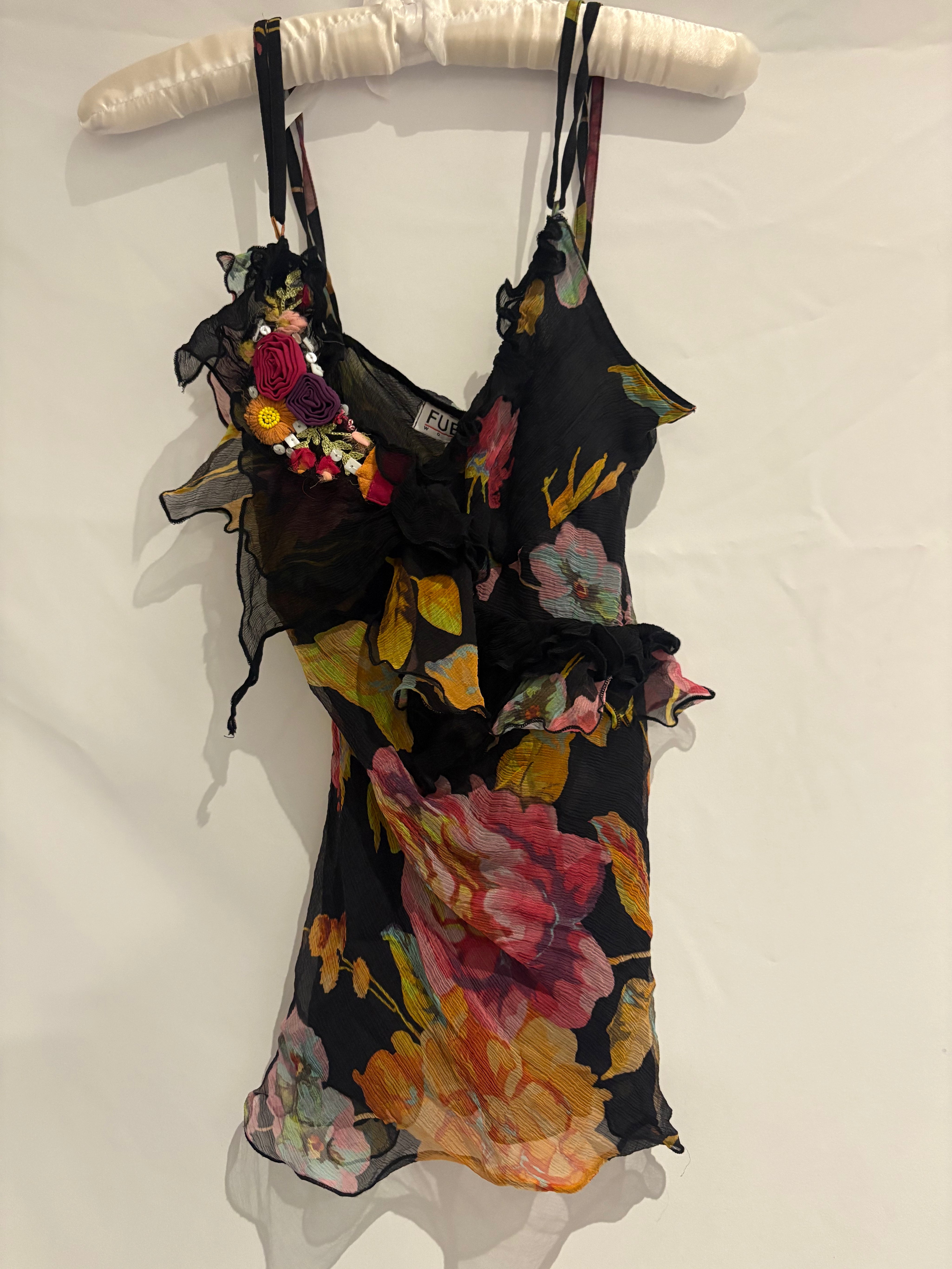 Fuego 2000s Black Floral Silk Rosette Camisole - XS/S