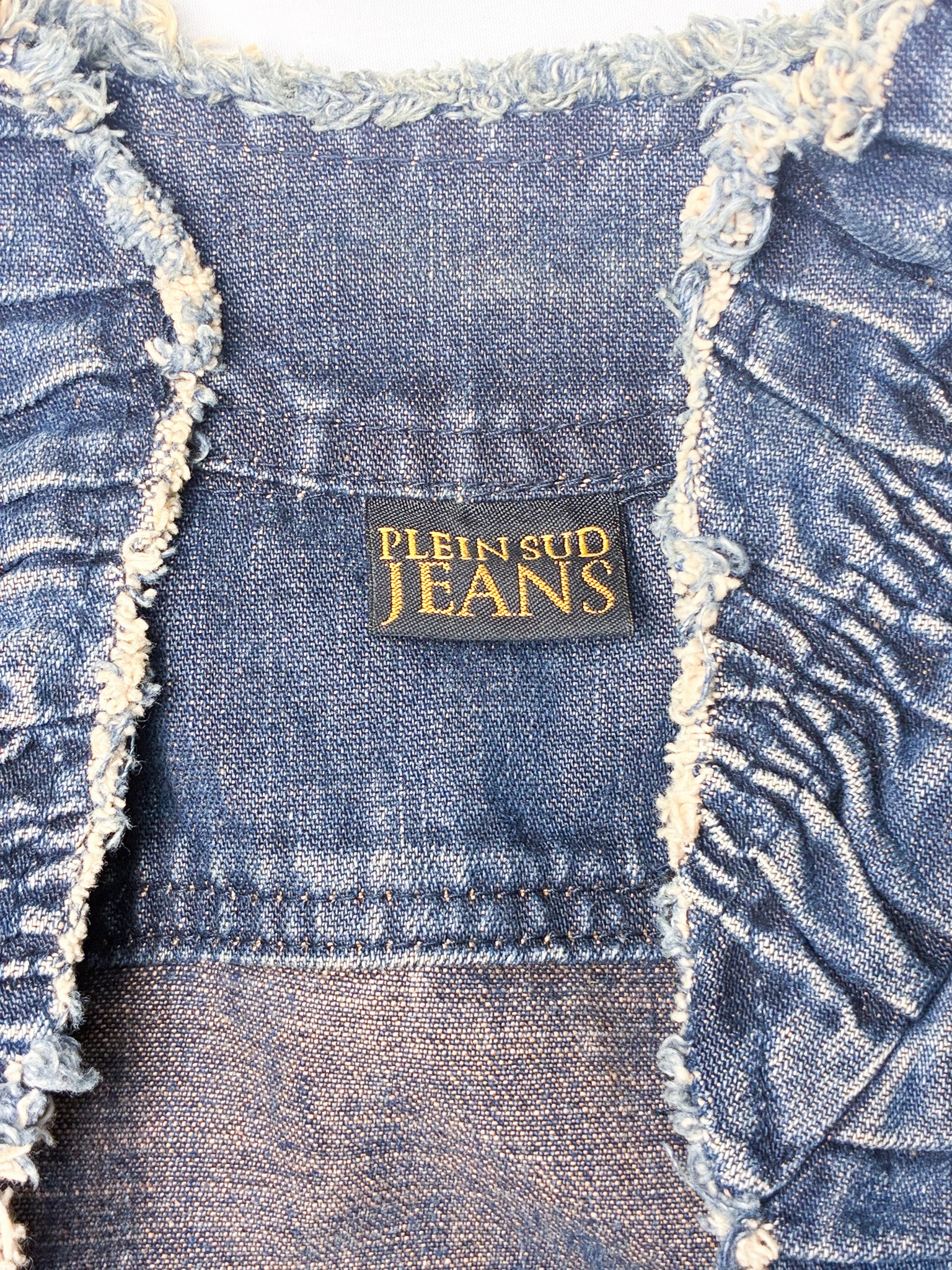 Plein Sud Jeans 2000s Blue Ruched Frayed-Edge Denim Jacket - S/M