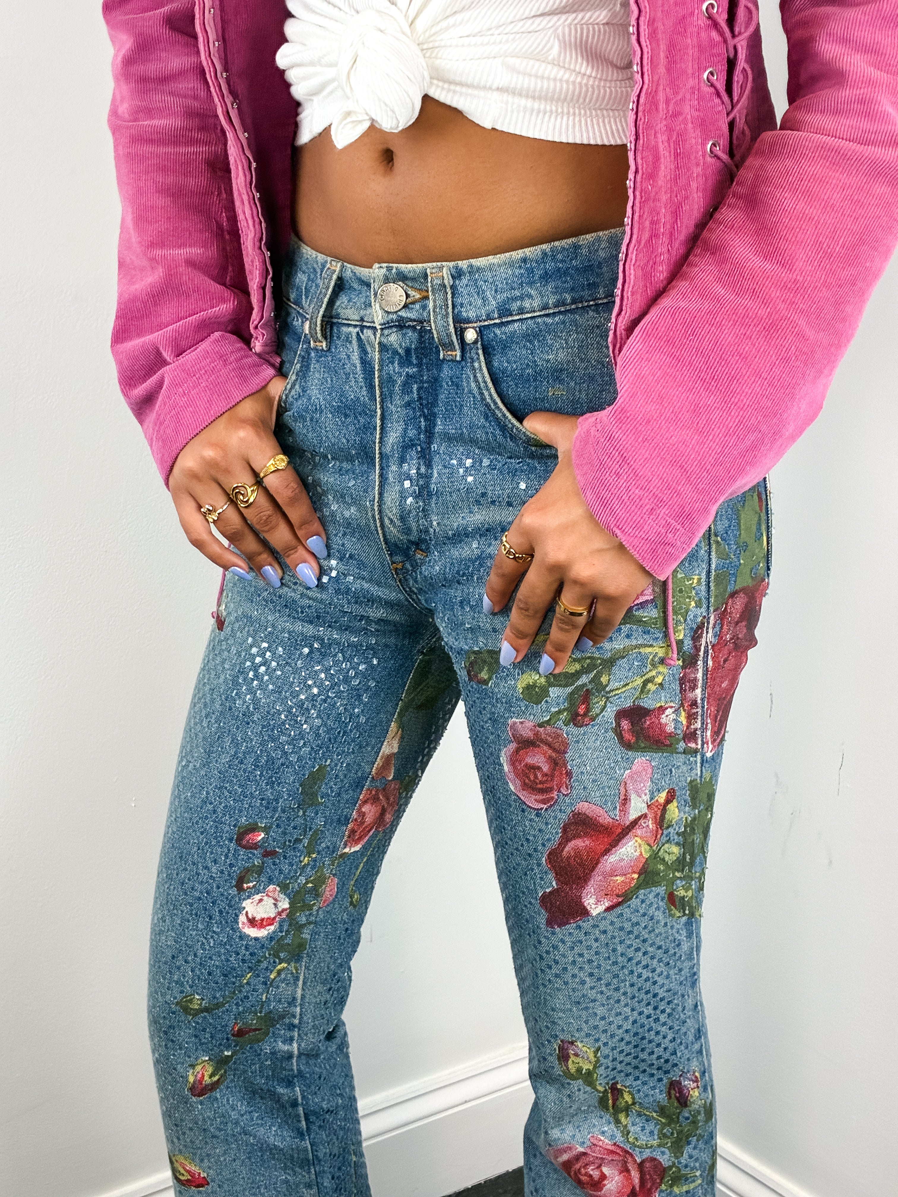 Roberto Cavalli F/W 1999 Iridescent Rose Painted Jeans – W28