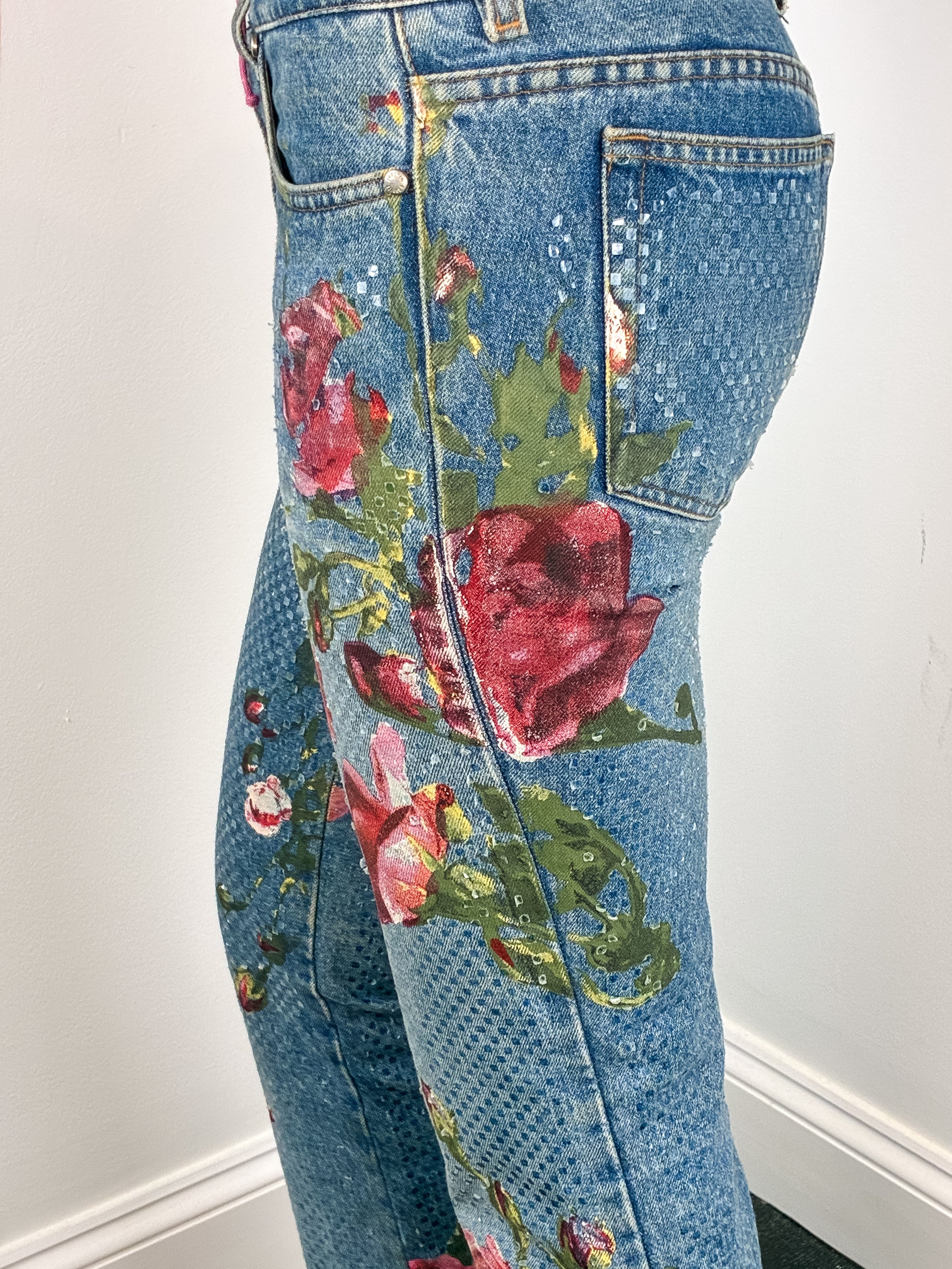 Roberto Cavalli F/W 1999 Iridescent Rose Painted Jeans – W28