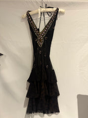 Pinko 2000s Black Jeweled Tiered Mesh Dress - S