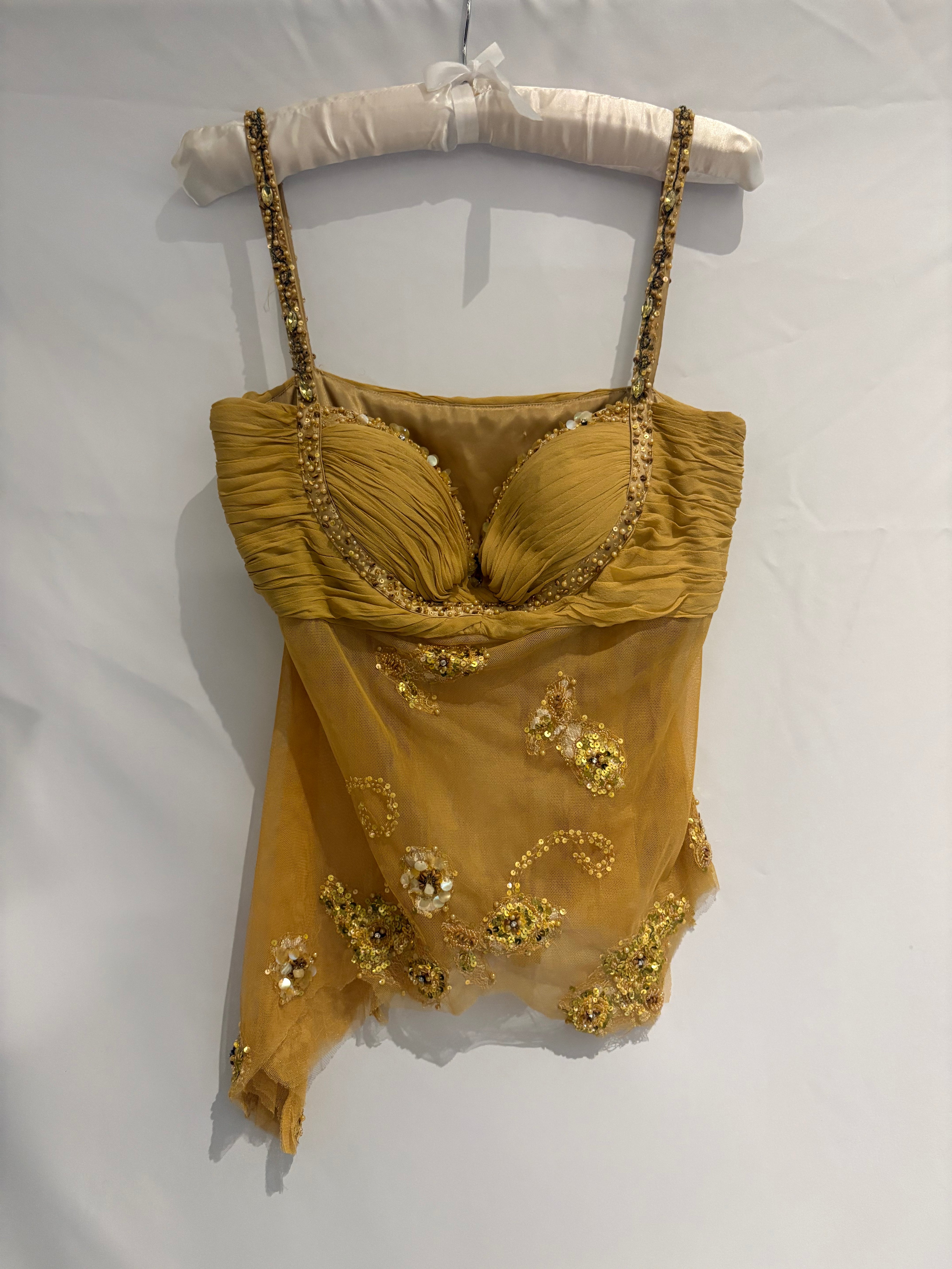 2000s Gold Beaded Mesh Corset Camisole - S