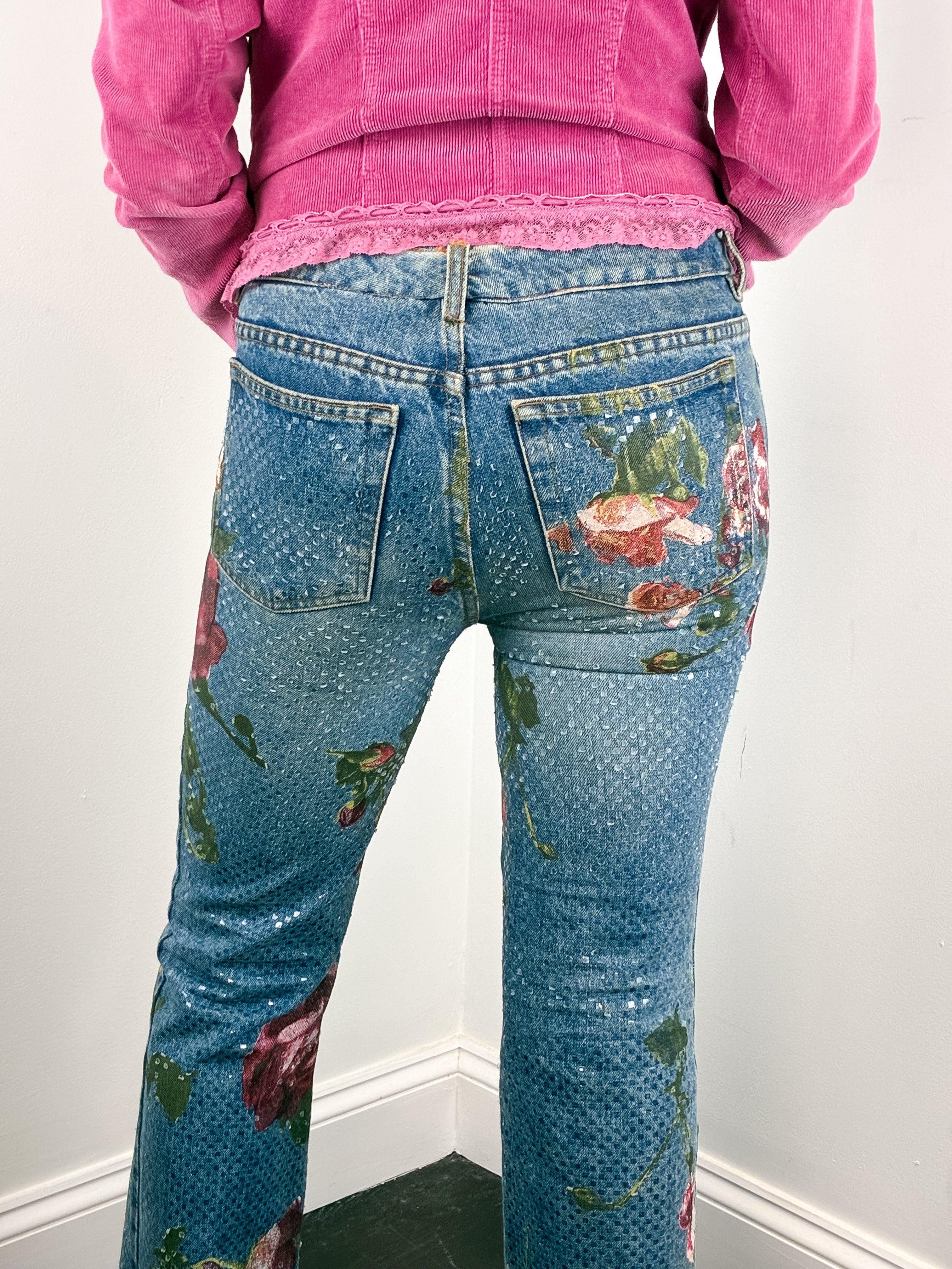 Roberto Cavalli F/W 1999 Iridescent Rose Painted Jeans – W28