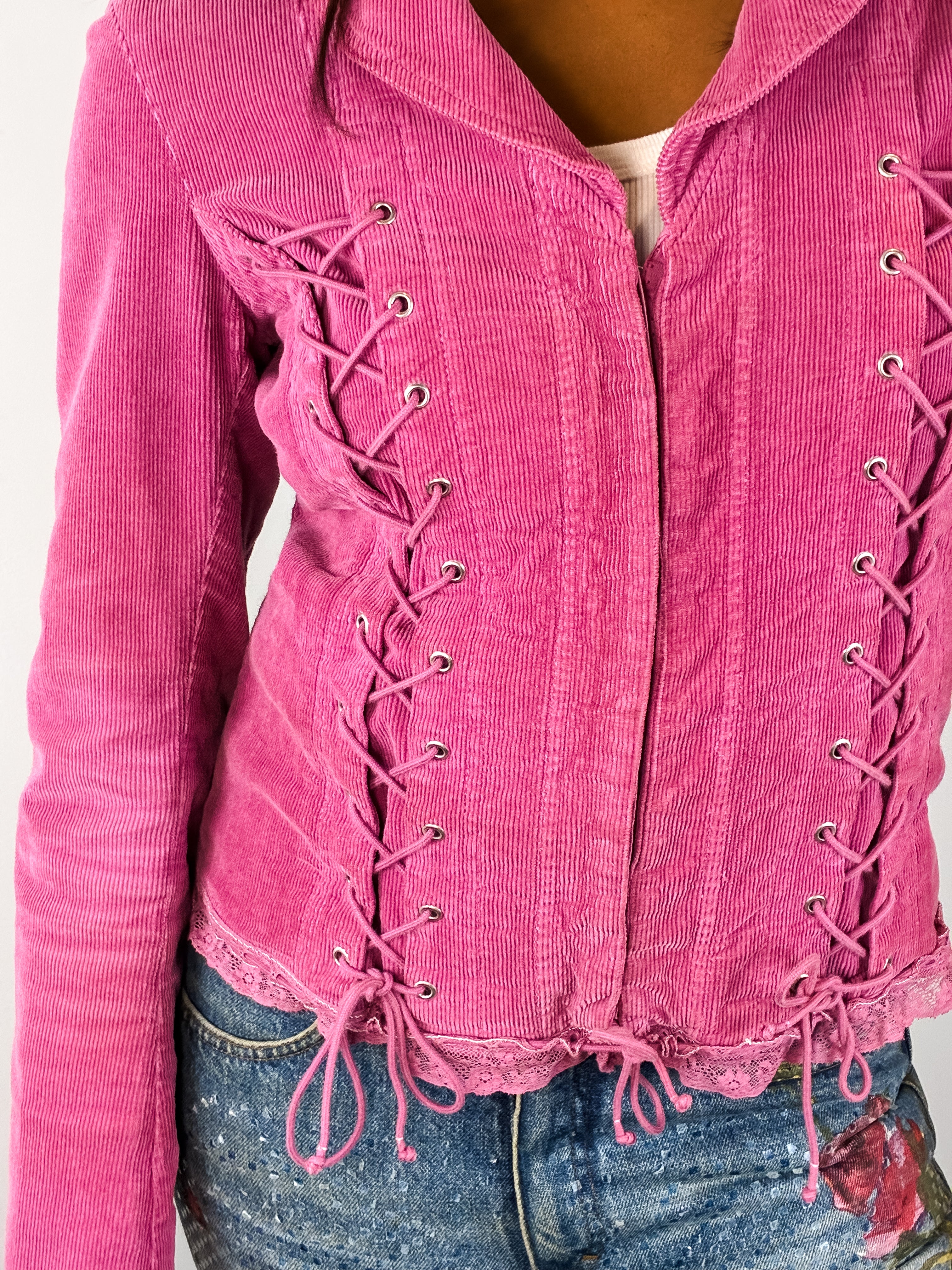 Compagnia Italiana 2000s Pink Corduroy Corset Lace-Up Jacket - XS/S
