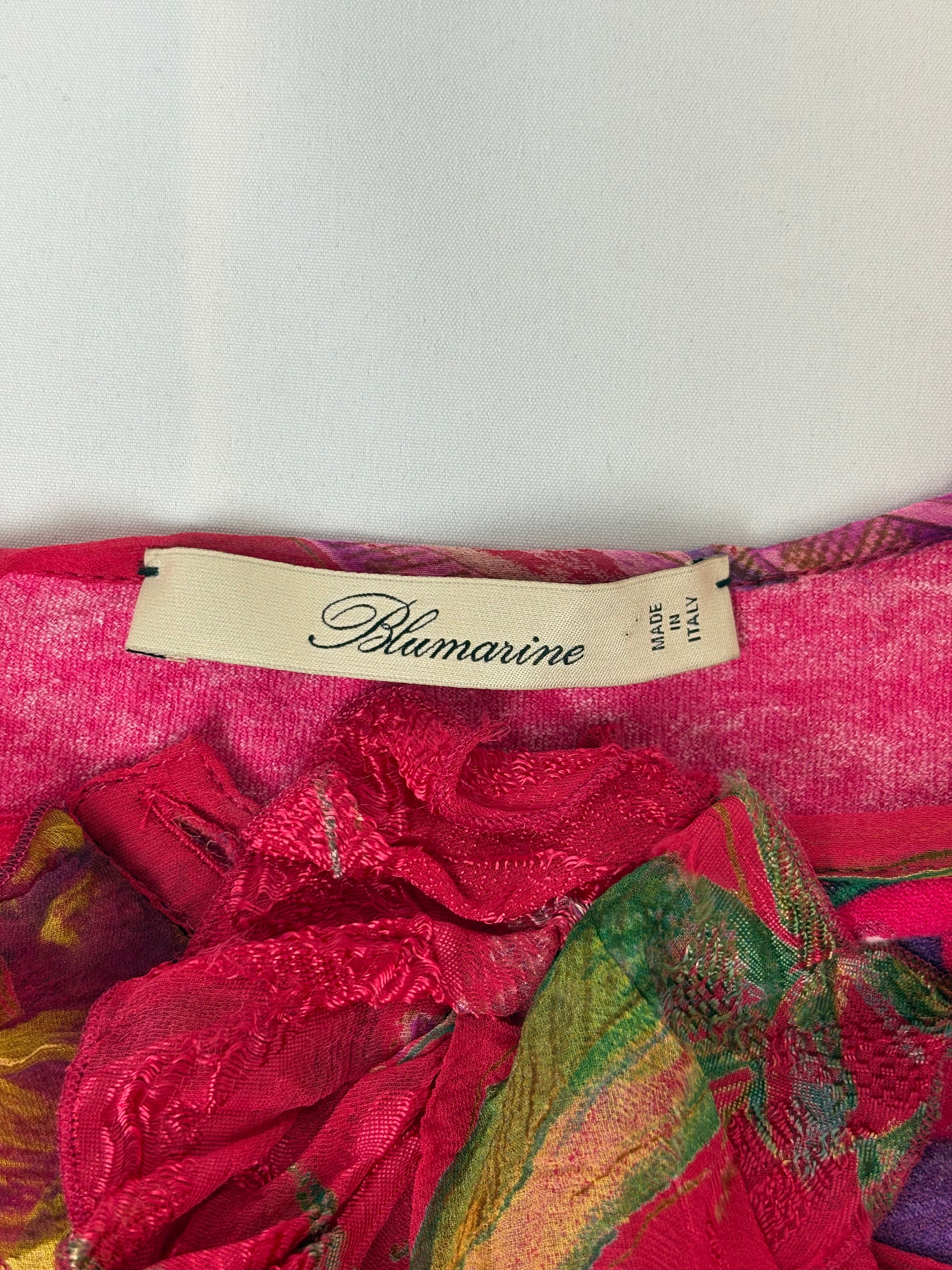 Blumarine 2000s Fuchsia Floral Ruffle Placket Top - S/M