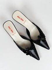 Miu Miu 2000s Black Mesh Leather Flower Appliqué Grosgrain Kitten Heel Mules - EU 40