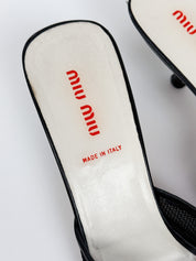 Miu Miu 2000s Black Mesh Leather Flower Appliqué Grosgrain Kitten Heel Mules - EU 40