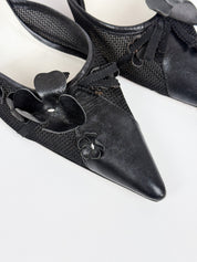 Miu Miu 2000s Black Mesh Leather Flower Appliqué Grosgrain Kitten Heel Mules - EU 40