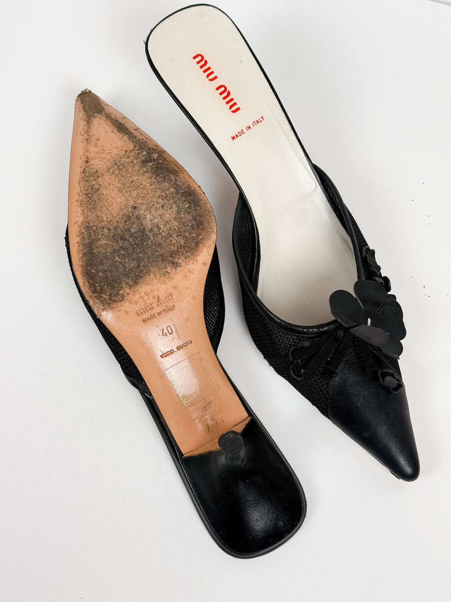 Miu Miu 2000s Black Mesh Leather Flower Appliqué Grosgrain Kitten Heel Mules - EU 40