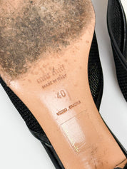 Miu Miu 2000s Black Mesh Leather Flower Appliqué Grosgrain Kitten Heel Mules - EU 40