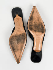 Miu Miu 2000s Black Mesh Leather Flower Appliqué Grosgrain Kitten Heel Mules - EU 40