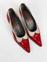 Miu Miu 2000s Red Cream Two-Tone Brogue Kitten Heel Pumps - EU 36
