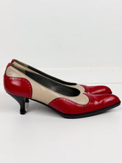 Miu Miu 2000s Red Cream Two-Tone Brogue Kitten Heel Pumps - EU 36
