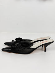 Miu Miu 2000s Black Mesh Leather Flower Appliqué Grosgrain Kitten Heel Mules - EU 40