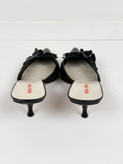 Miu Miu 2000s Black Mesh Leather Flower Appliqué Grosgrain Kitten Heel Mules - EU 40