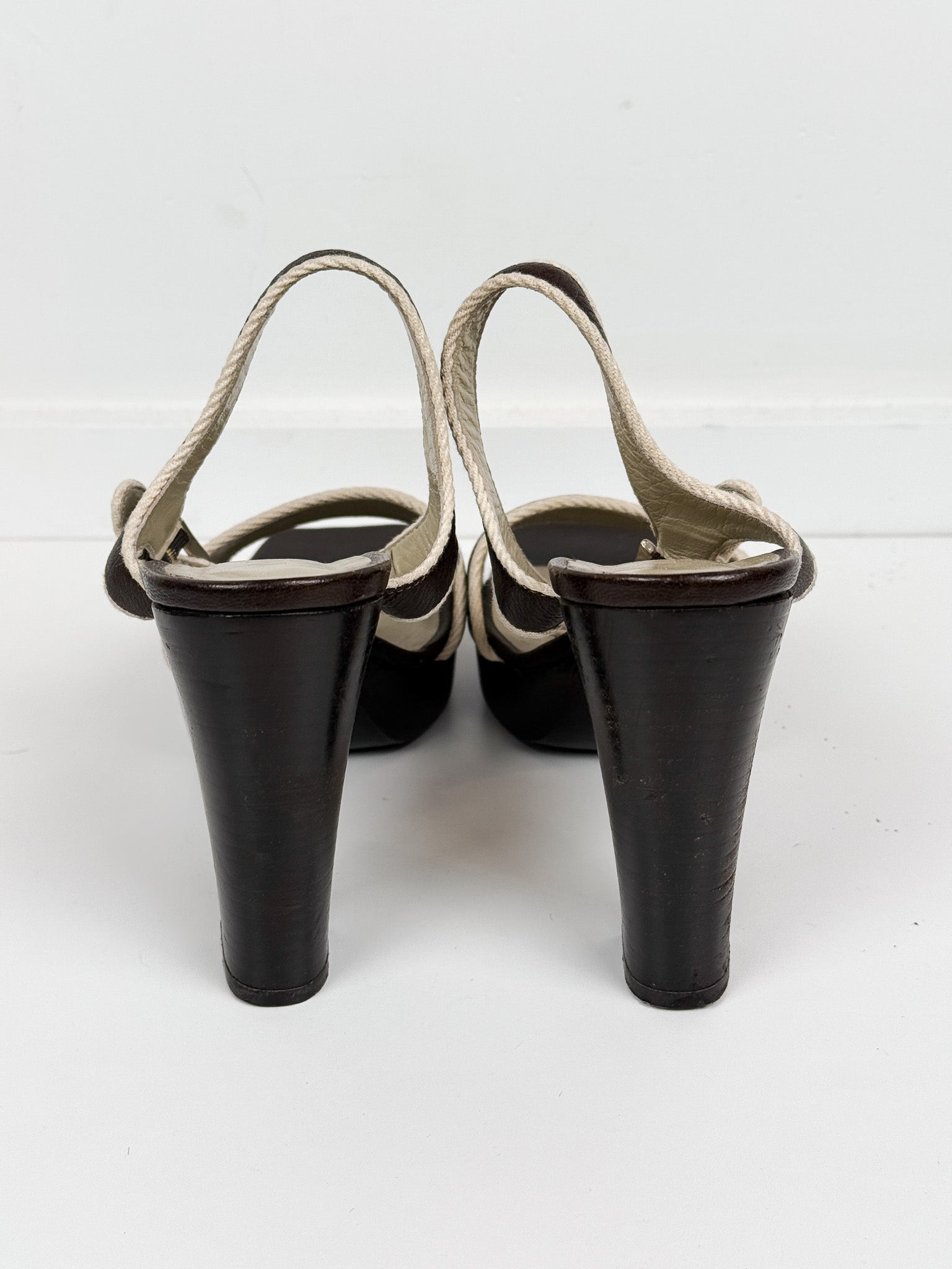 Max Mara 2000s Chocolate Brown Leather Rope Trim Square Toe Platform Sandals - EU 37