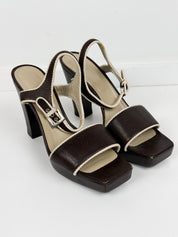 Max Mara 2000s Chocolate Brown Leather Rope Trim Square Toe Platform Sandals - EU 37