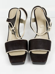 Max Mara 2000s Chocolate Brown Leather Rope Trim Square Toe Platform Sandals - EU 37