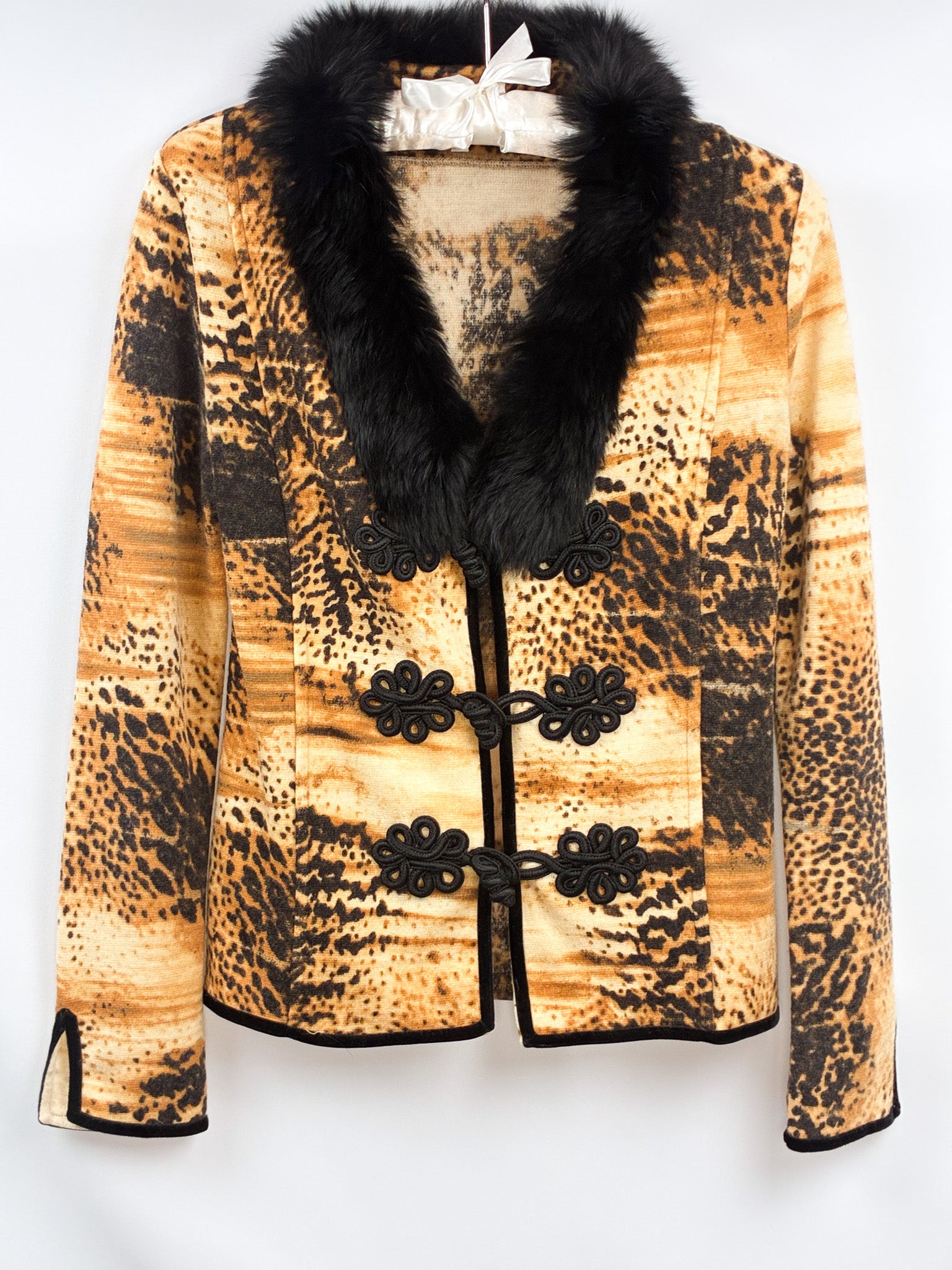Daniela Drei 2000s Amber Animal Print Knit Jacket with Fur Collar - S/M
