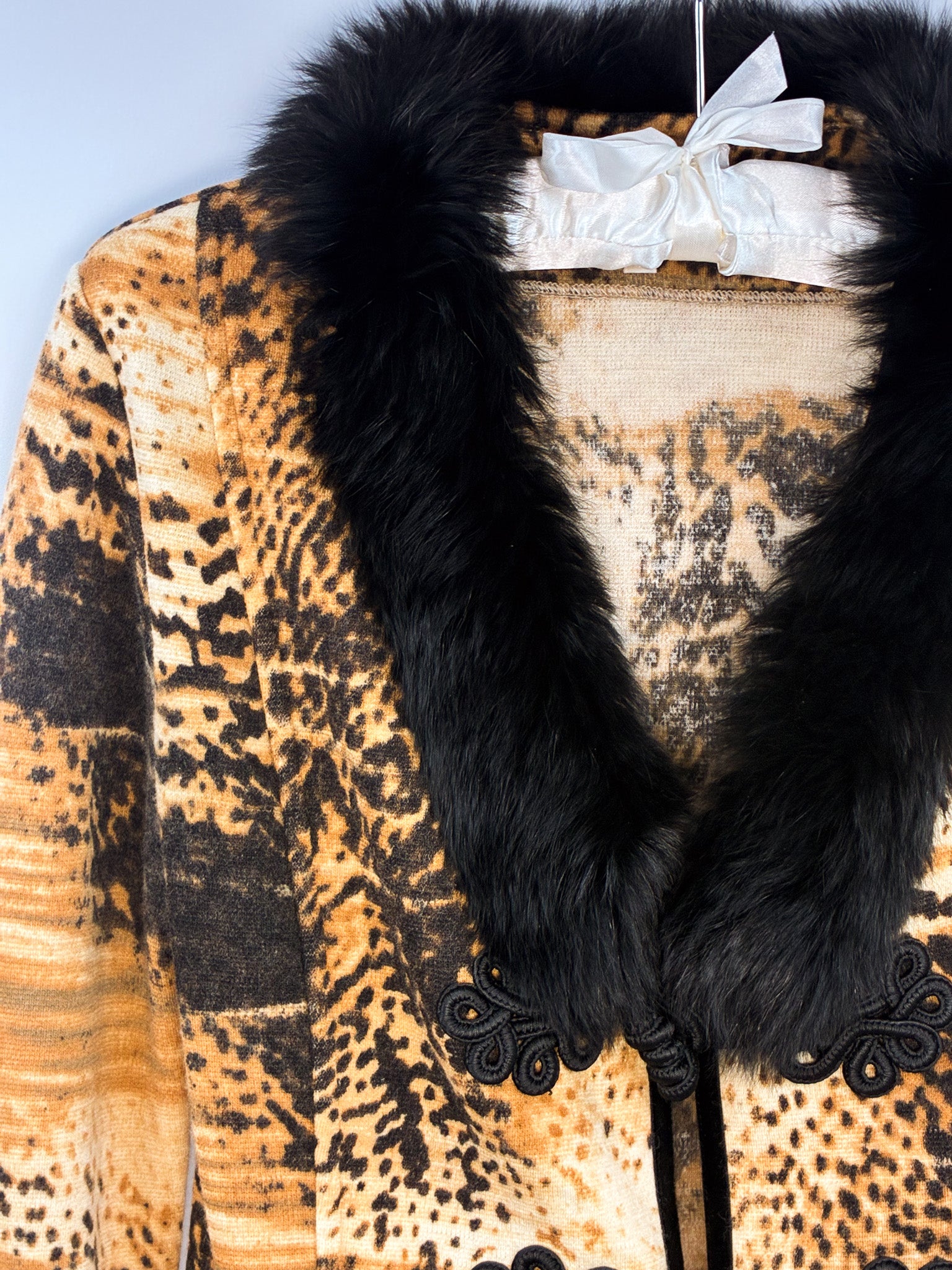 Daniela Drei 2000s Amber Animal Print Knit Jacket with Fur Collar - S/M