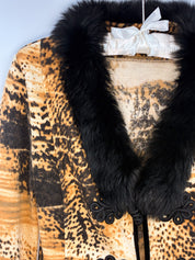Daniela Drei 2000s Amber Animal Print Knit Jacket with Fur Collar - S/M
